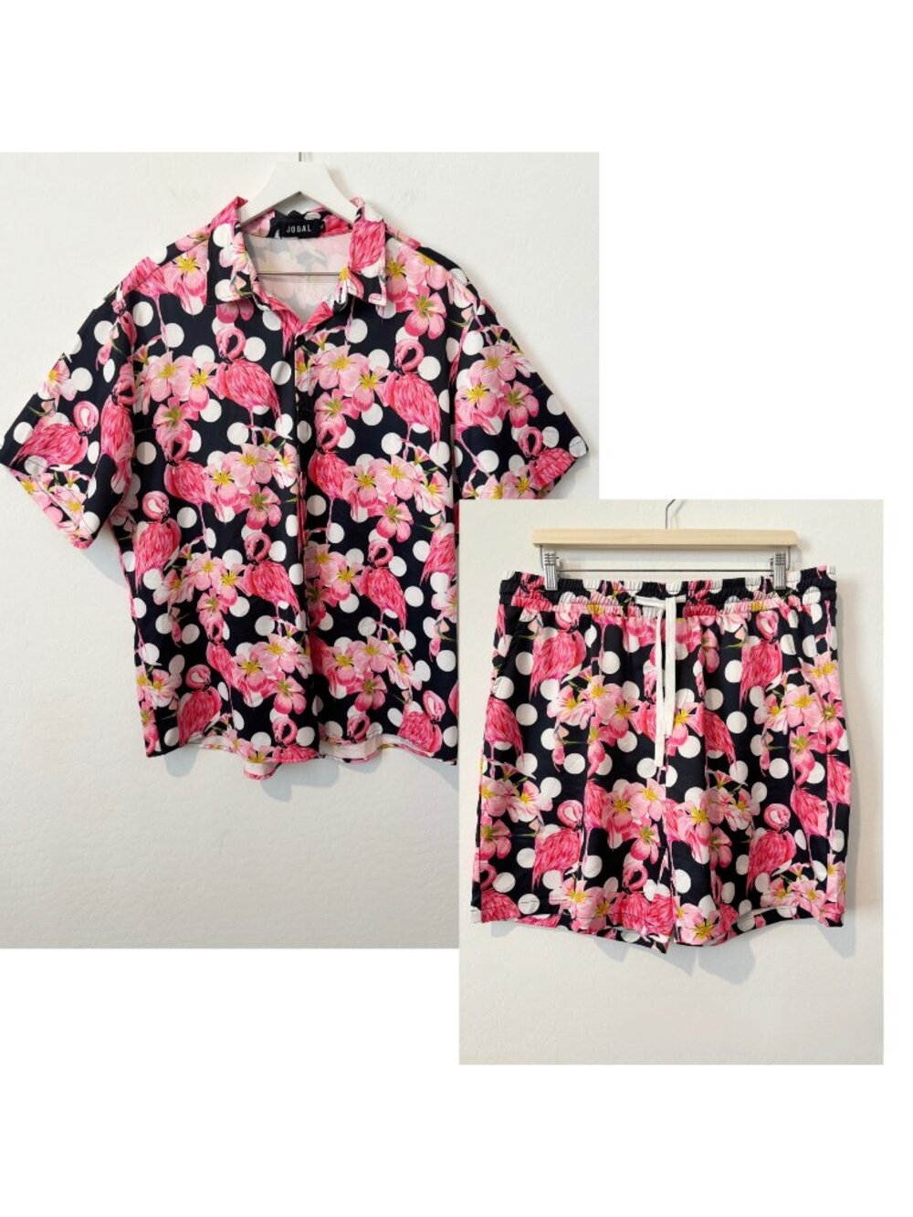 Jogal Set Size Men XL Pink Hawaiian Flamingo Tropical Summer Shirt Shorts Beachy
